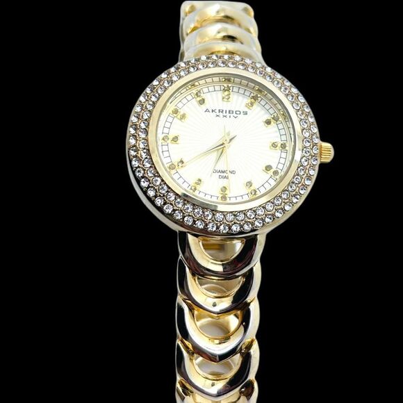 NWOT Akribos XXIV Empire Stainless Steel Goldtone Diamond Dial Watch - Picture 3 of 6
